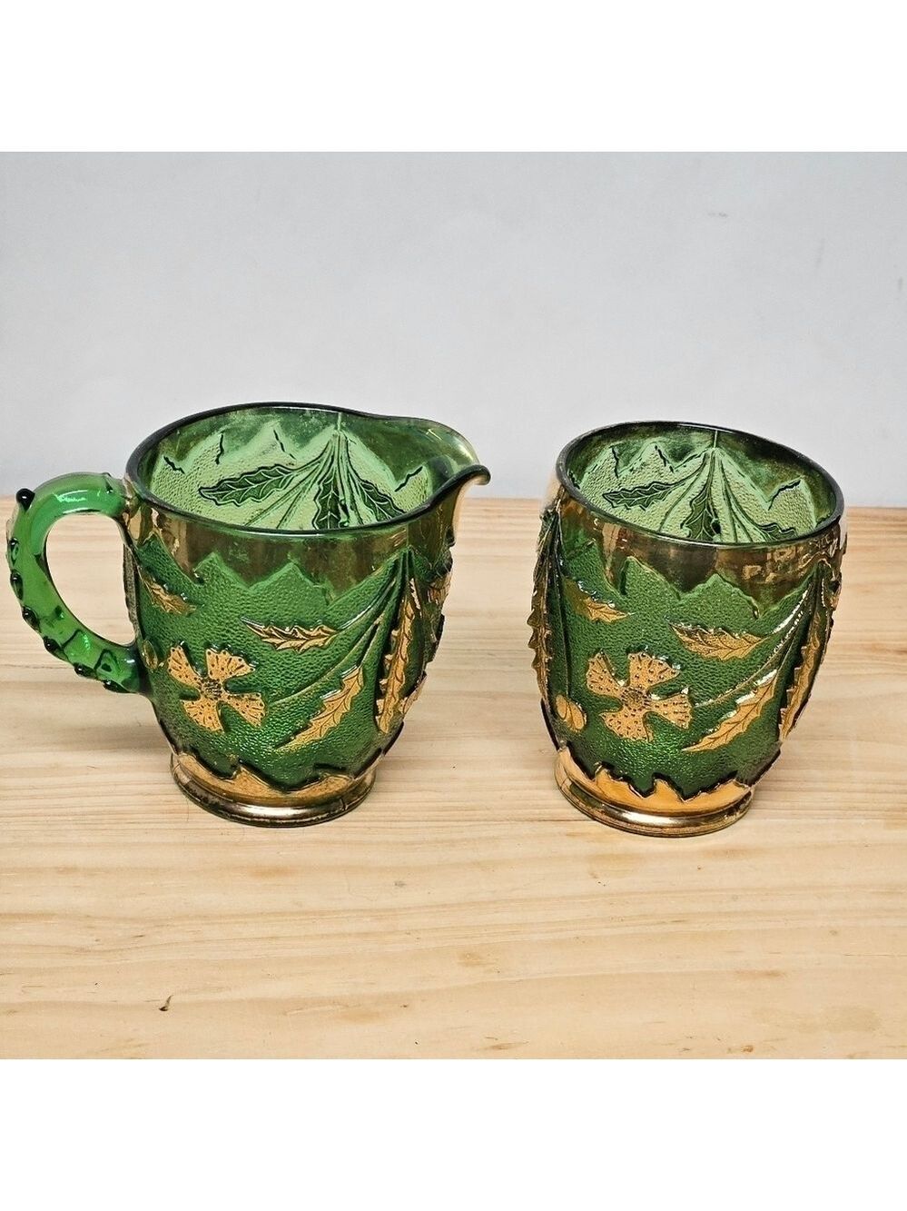 Vintage Antique 1800s EAPG Gold and Emerald Green Glass Delaware Sugar & Creamer